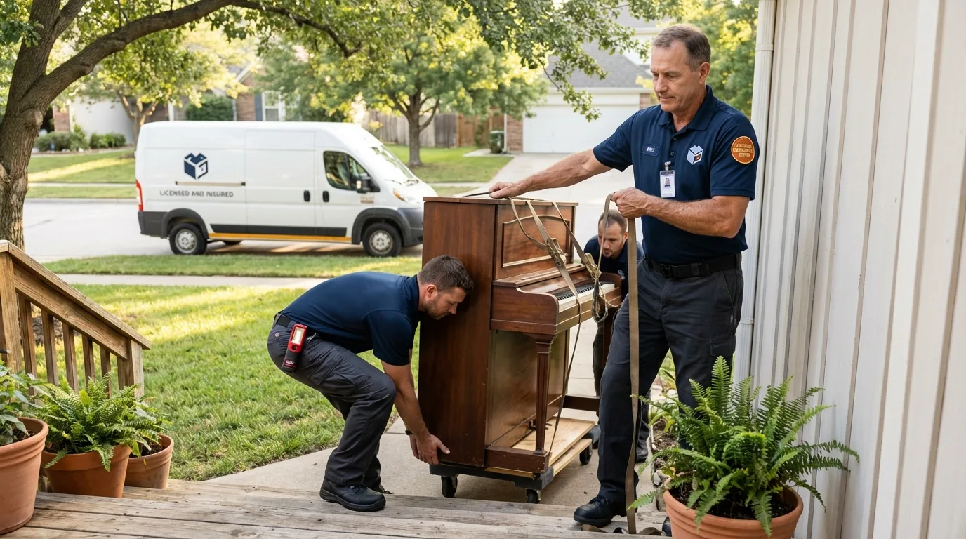 Licensed piano movers securing grand piano in Somerville, TN