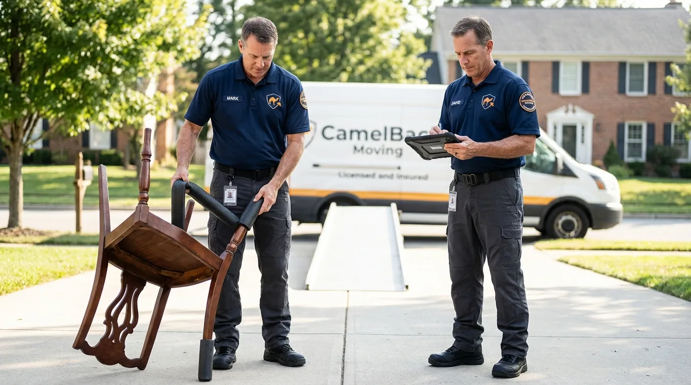 Movers inspecting furniture for damage prevention before loading in Somerville, TN