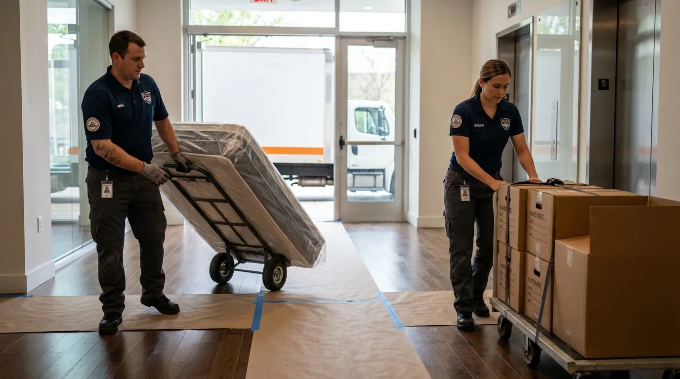 Professional apartment movers loading elevator in Somerville, TN